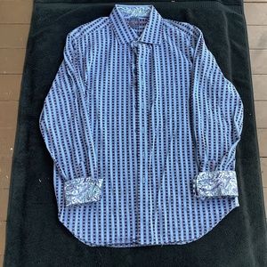 - ROBERT GRAHAM Purple Blue Striped Abstract Mens lrg Long Sleeve Button U…